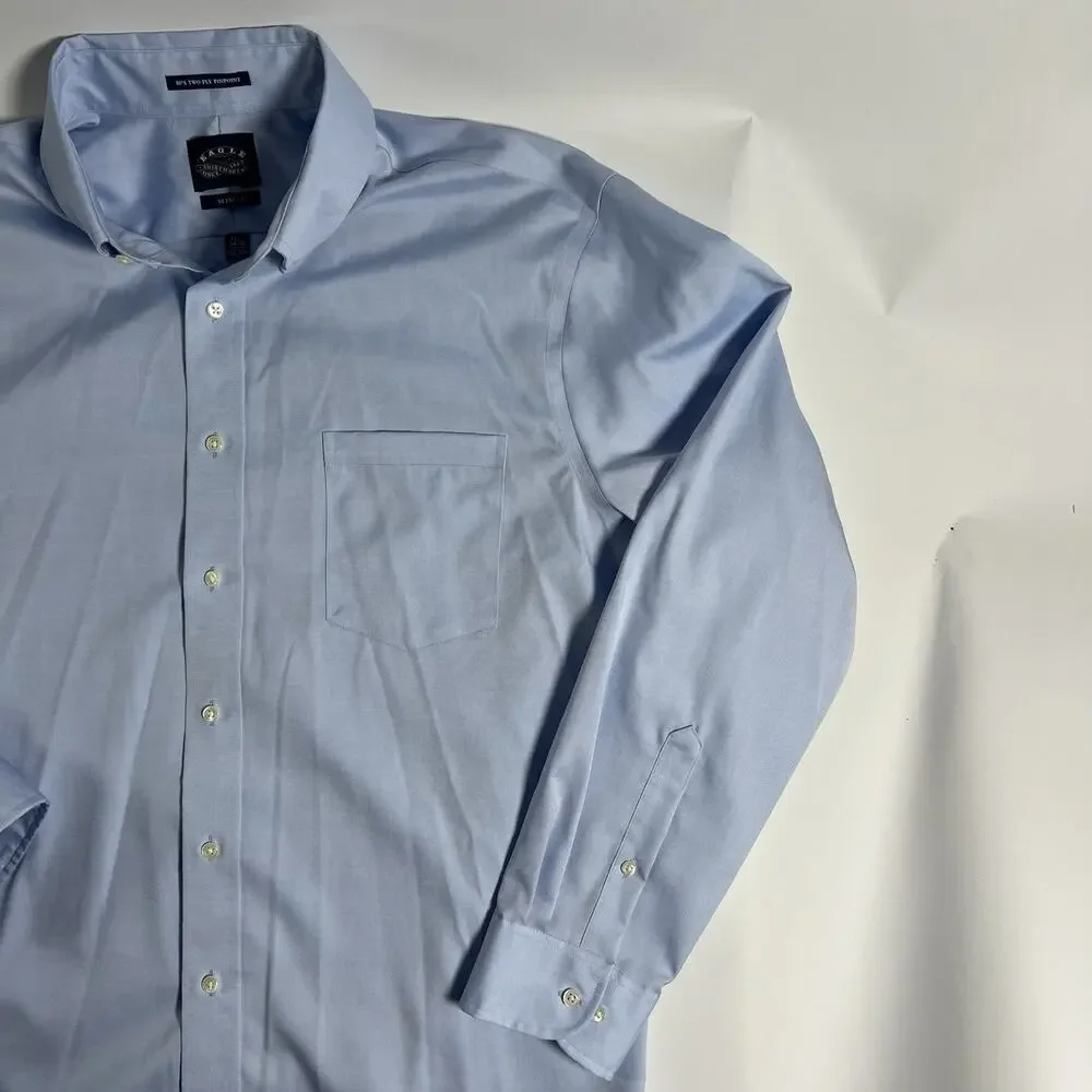 Eagle Non-Iron Cotton Dress Shirt Blue Solid Button-Down 17.5‎ 34/35 Slim
